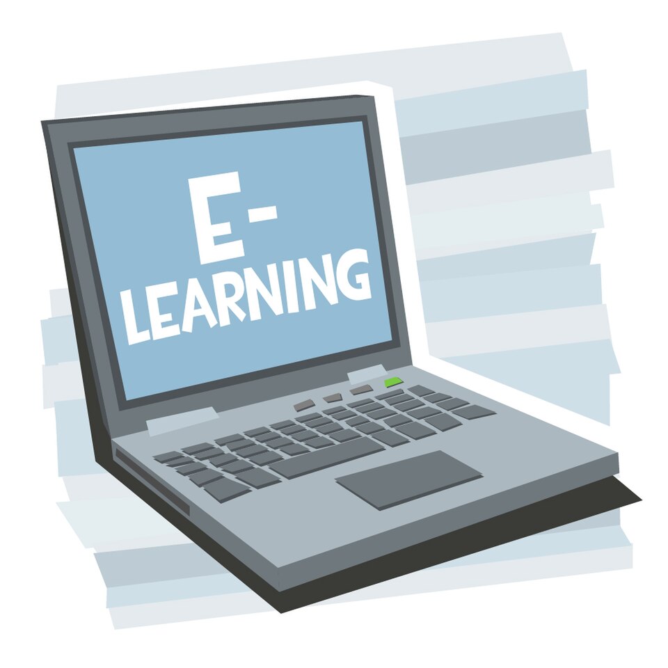 A laptop showing the words e-learning