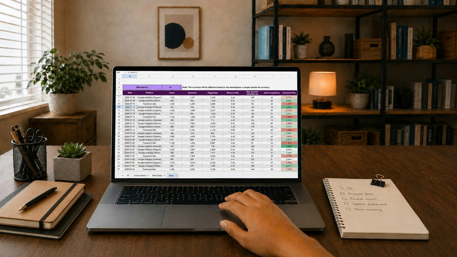 Hand using a laptop showing a data spreadsheet on a desk